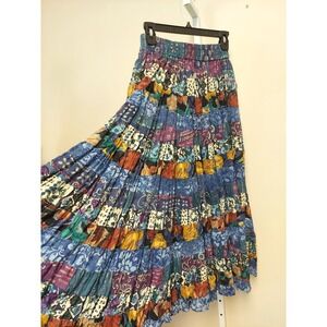 BILA Vintage Tiered Patchwork Floral Maxi Skirt Blue Purple Rayon Small